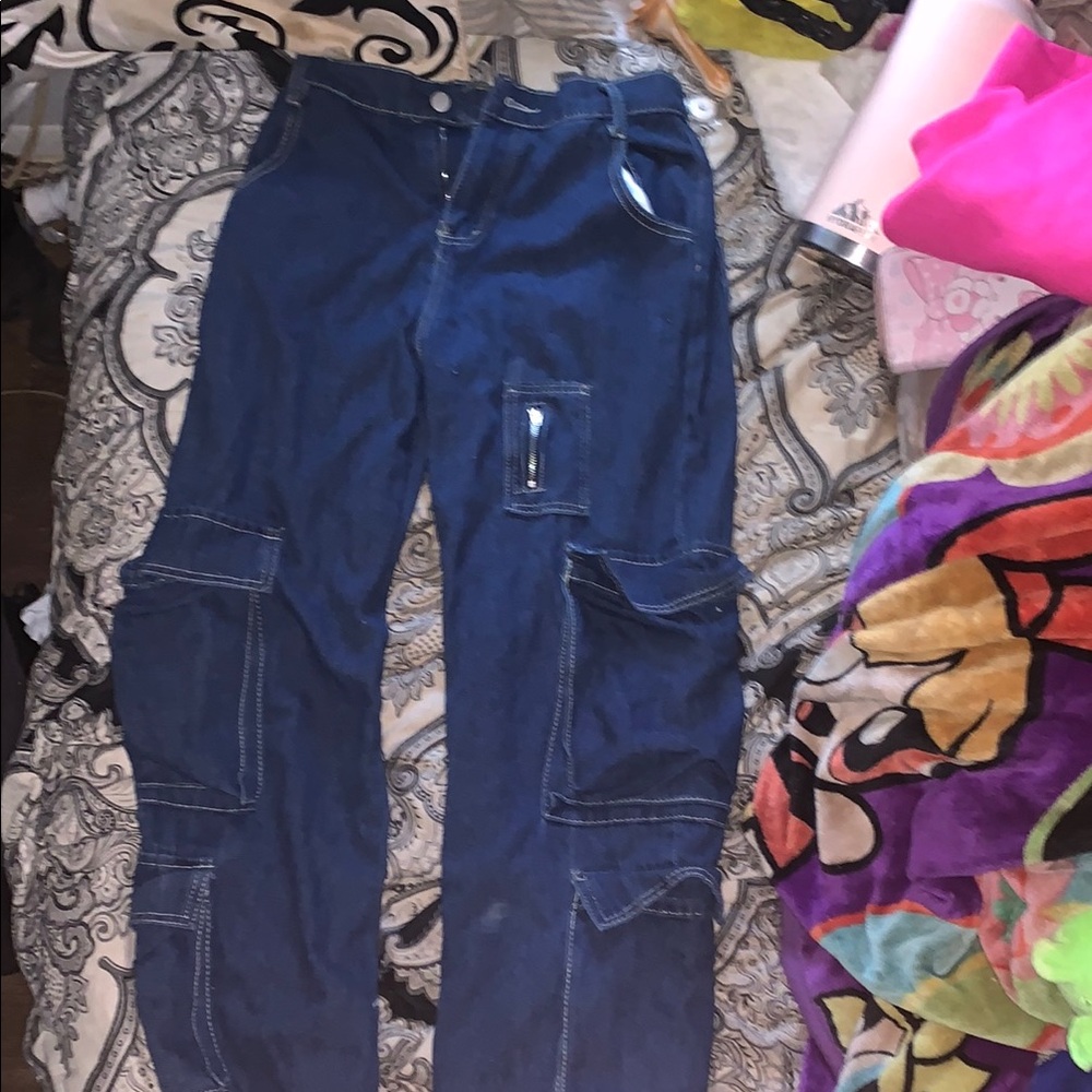 Blue Cargo Jeans with Straight Leg Fit and Distressed Details